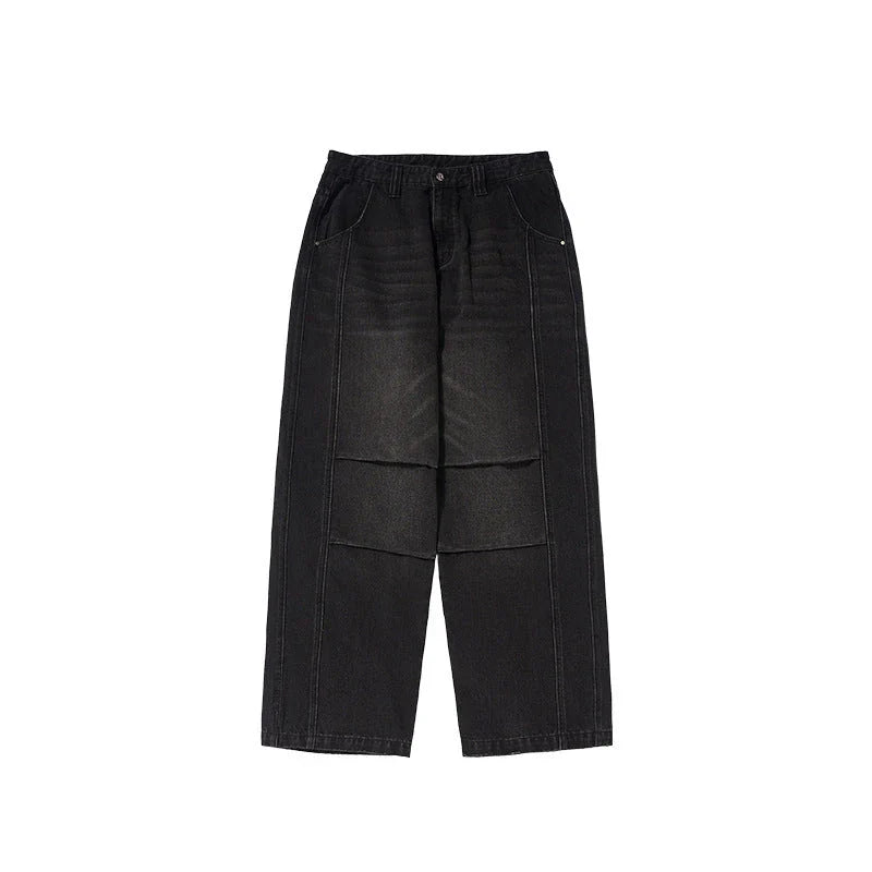 Men's relaxed fit retro straight-leg jeans in black, gray, and denim blue with vintage-inspired details