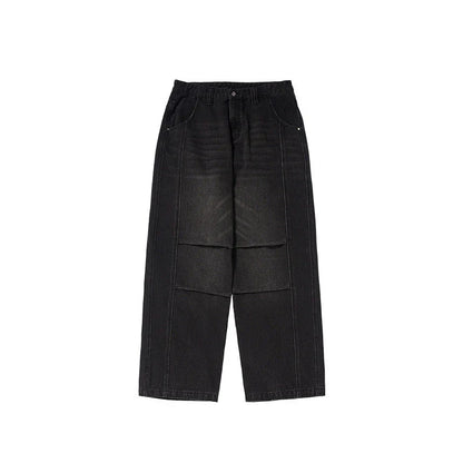 Men's relaxed fit retro straight-leg jeans in black, gray, and denim blue with vintage-inspired details