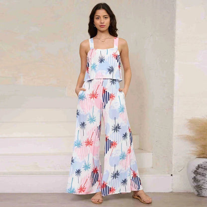 A stylish wide-leg jumpsuit with a paisley print design and a suspender top, perfect for women's casual and streetwear fashion.