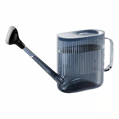 A large, dark grey gardening watering can with a long spout and sprinkler head for efficient, hassle-free plant watering