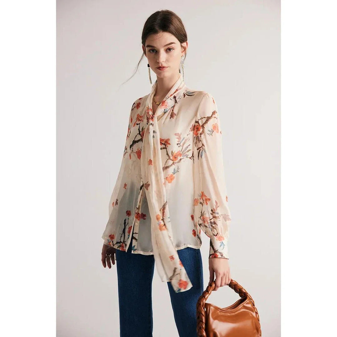 Elegant floral silk blend bow collar blouse with puff sleeves for modern women