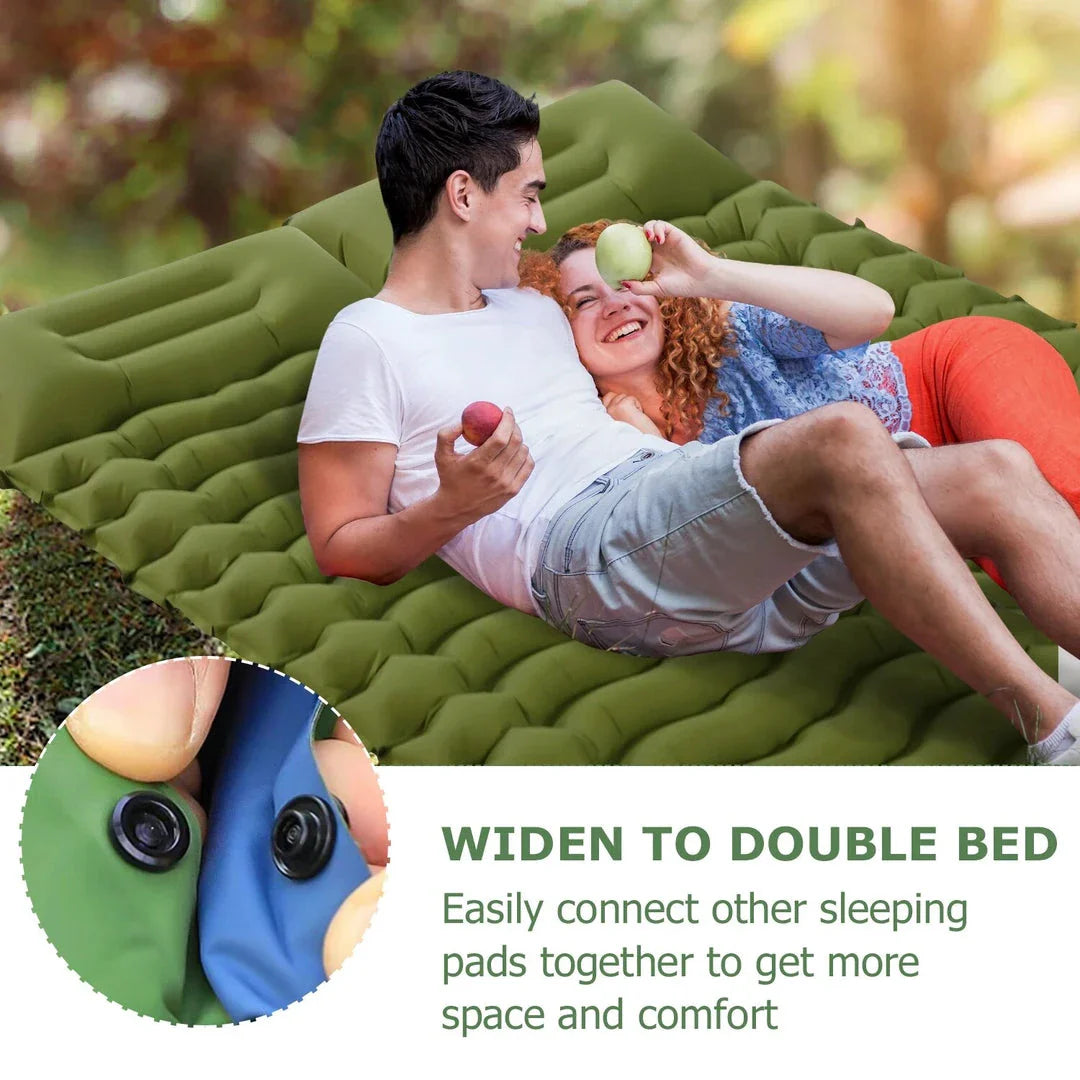 Inflatable camping mattress with built-in pillow and pump for comfortable outdoor sleeping