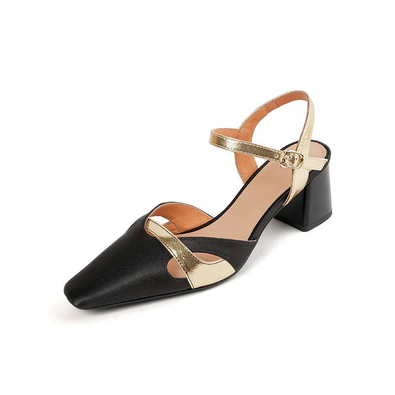 Elegant square heel sandals with ankle strap in green color, perfect for summer occasions