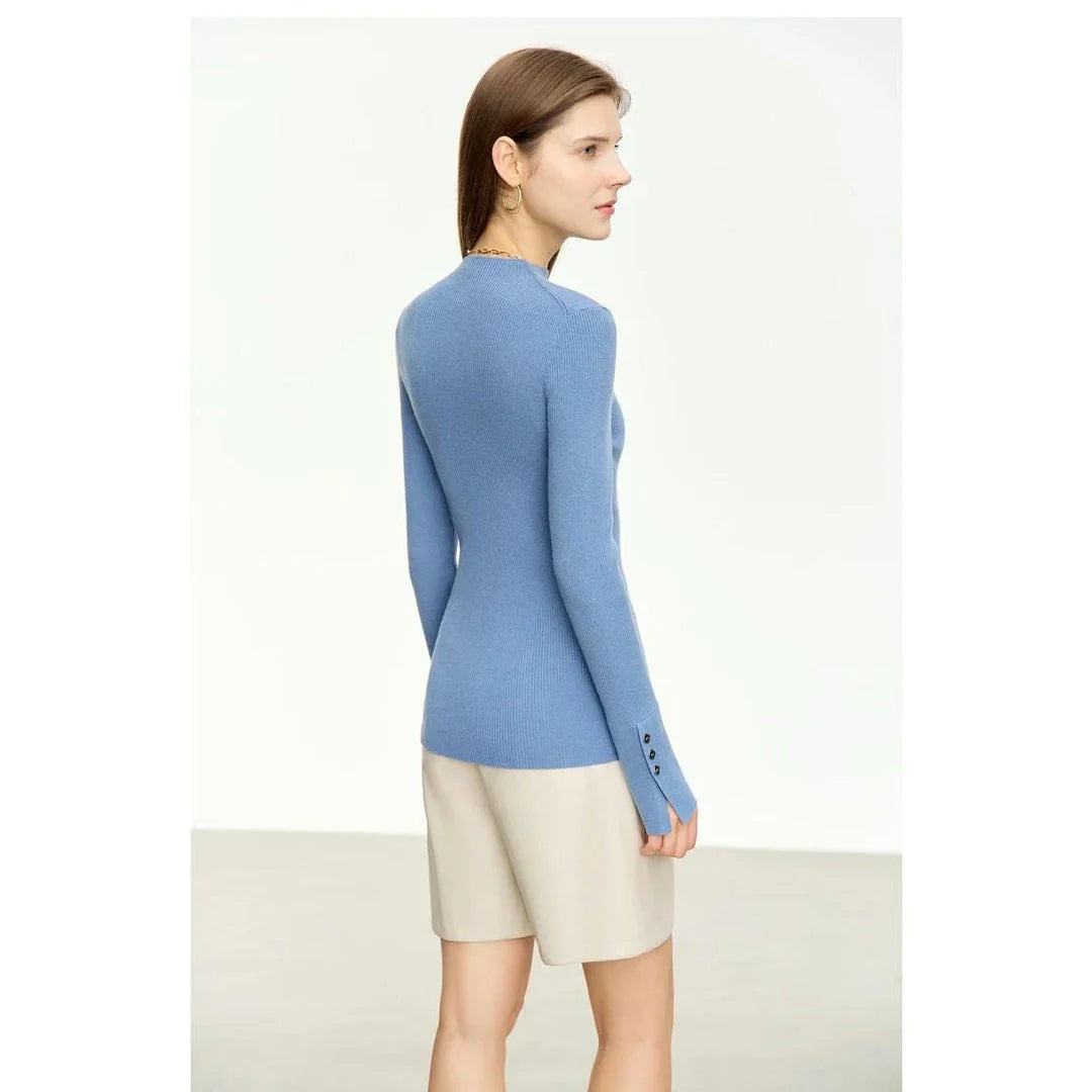 Autumn Elegance Mock Neck Women's Slim Pullover in blue, featuring a sophisticated mock neck design and a sleek, tailored fit.