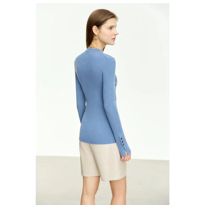 Autumn Elegance Mock Neck Women's Slim Pullover in blue, featuring a sophisticated mock neck design and a sleek, tailored fit.