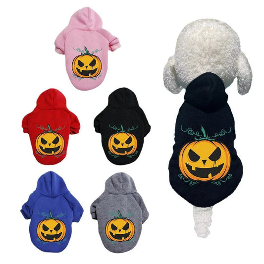 A cozy pumpkin-themed dog sweater in various vibrant colors, perfect for Halloween festivities.
