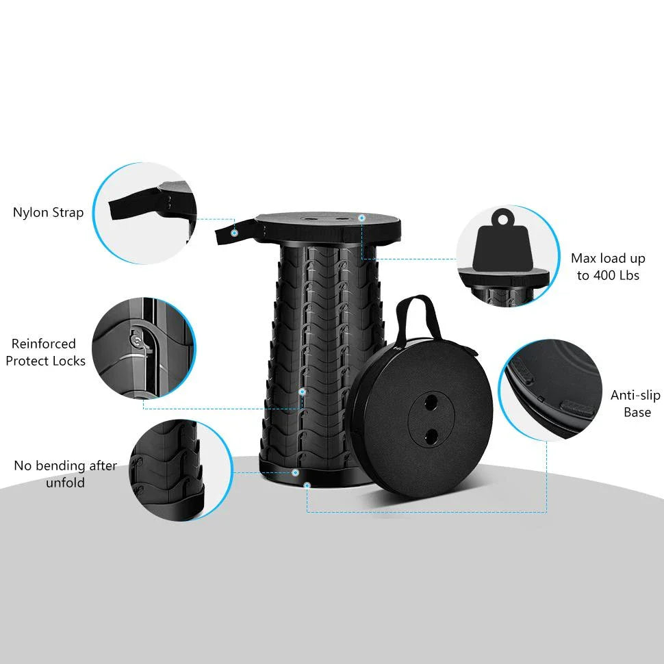 Adjustable height portable telescopic stool made of durable plastic for outdoor activities like hiking, fishing, and picnicking