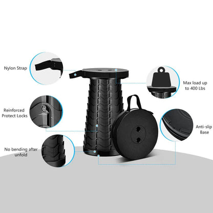 Adjustable height portable telescopic stool made of durable plastic for outdoor activities like hiking, fishing, and picnicking