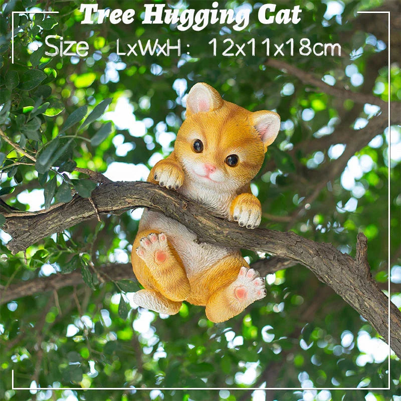 Charming resin cat statue with lifelike details, climbing on a tree branch and adding whimsical flair to any garden or indoor space.