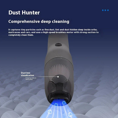 Cordless vacuum cleaner with wireless charging capabilities, powerful suction, and versatile blower function for cleaning home and car
