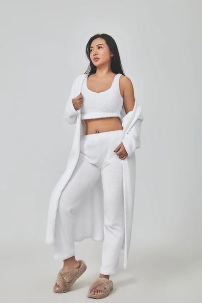 Cozy 3-piece loungewear set in pastel colors including crop top, wide-leg pants, and matching cardigan