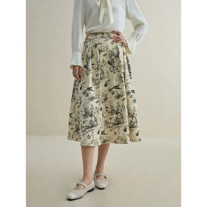 Premium polyester A-line midi skirt with unique ink animal print, designed for stylish winters.