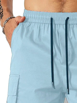 Drawstring waist men's workwear shorts with multiple pockets in various colors