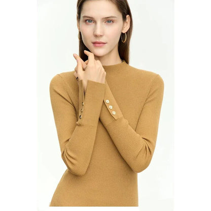 Autumn Elegance Mock Neck Women's Slim Pullover in blue, featuring a sophisticated mock neck design and a sleek, tailored fit.