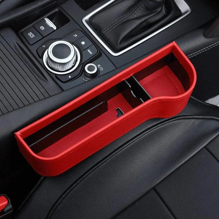 Multifunctional Car Seat Organizer with dedicated slots for phones, chargers, drinks, and cards, featuring a stylish polyurethane leather design.