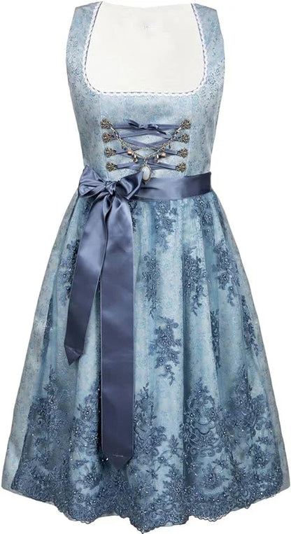 Bavarian-inspired 3-piece women's outfit with A-line skirt, pullover top, and jacquard pattern in sapphire blue color