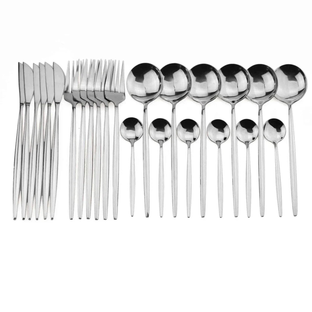 Premium 24-Piece Stainless Steel Tableware Set in Black - Durable, Elegant Dining Utensils with Sleek Design