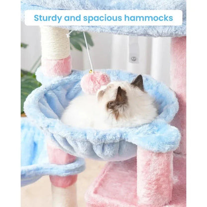 A multi-level cat tree tower with padded beds, hammocks, and sisal-wrapped scratching posts for indoor cats to play, rest, and scratch