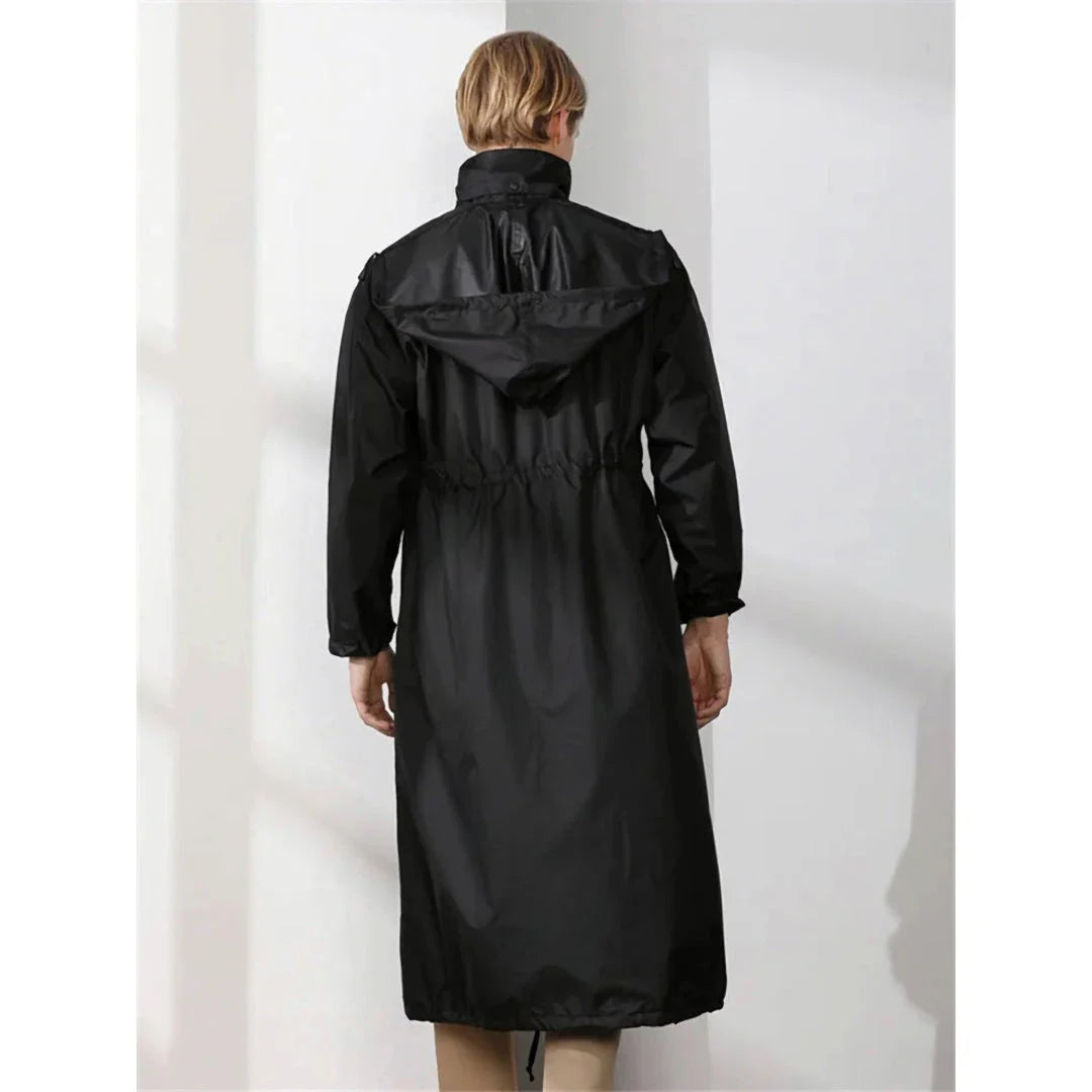 Men's long waterproof raincoat in light green color, made of high-quality Polyester Pongee fabric for durable, breathable, and weather-resistant performance.