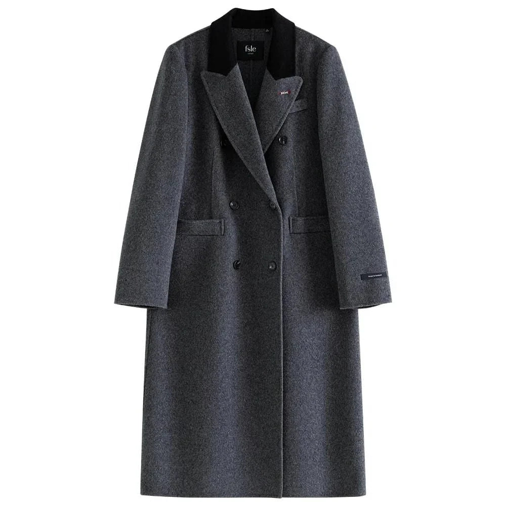 A luxurious 100% wool women's long grey coat with a timeless double-breasted design and stylish notched collar