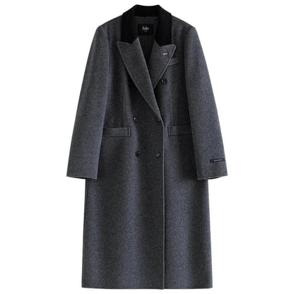 A luxurious 100% wool women's long grey coat with a timeless double-breasted design and stylish notched collar