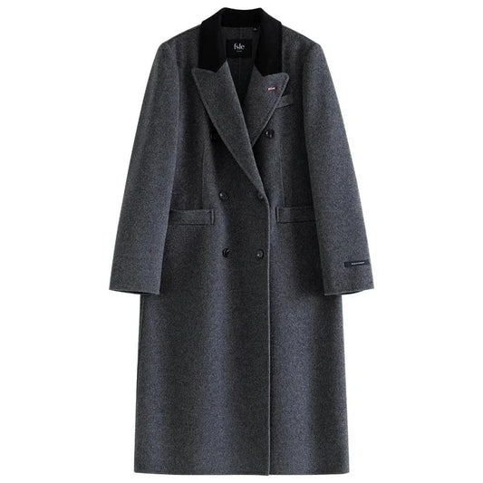 A luxurious 100% wool women's long grey coat with a timeless double-breasted design and stylish notched collar