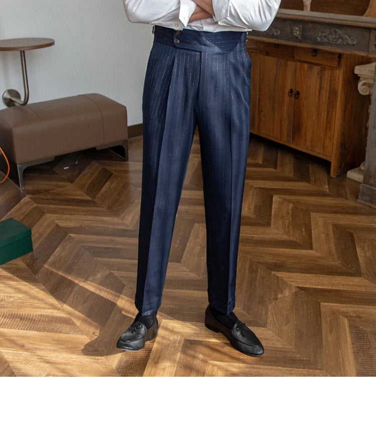 Men's premium Italian straight leg pants with gold and silver striped pattern, high-waisted design, and durable construction