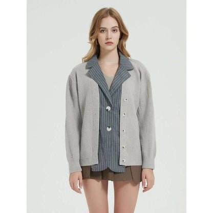 Autumn Elegance Patchwork Knit Cardigan in Khaki color, with a classic turn-down collar and double-breasted closure