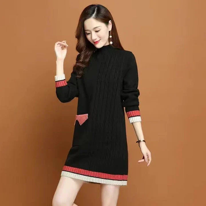 A mid-length knit dress with a cozy half-turtleneck, made of soft polyester fabric for all-day comfort and style.