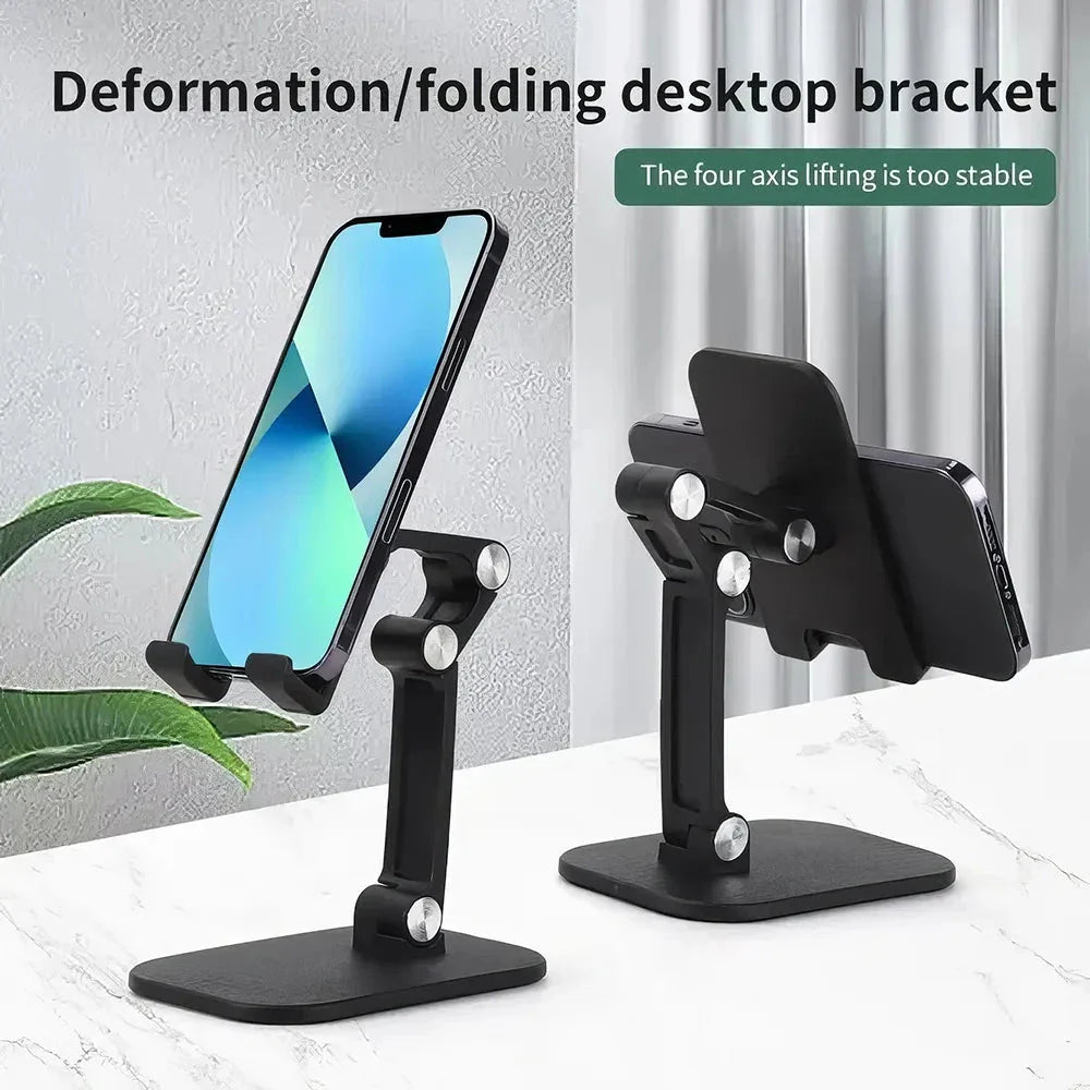 Adjustable and foldable desk phone holder with three-section design, providing hands-free convenience for mobile devices