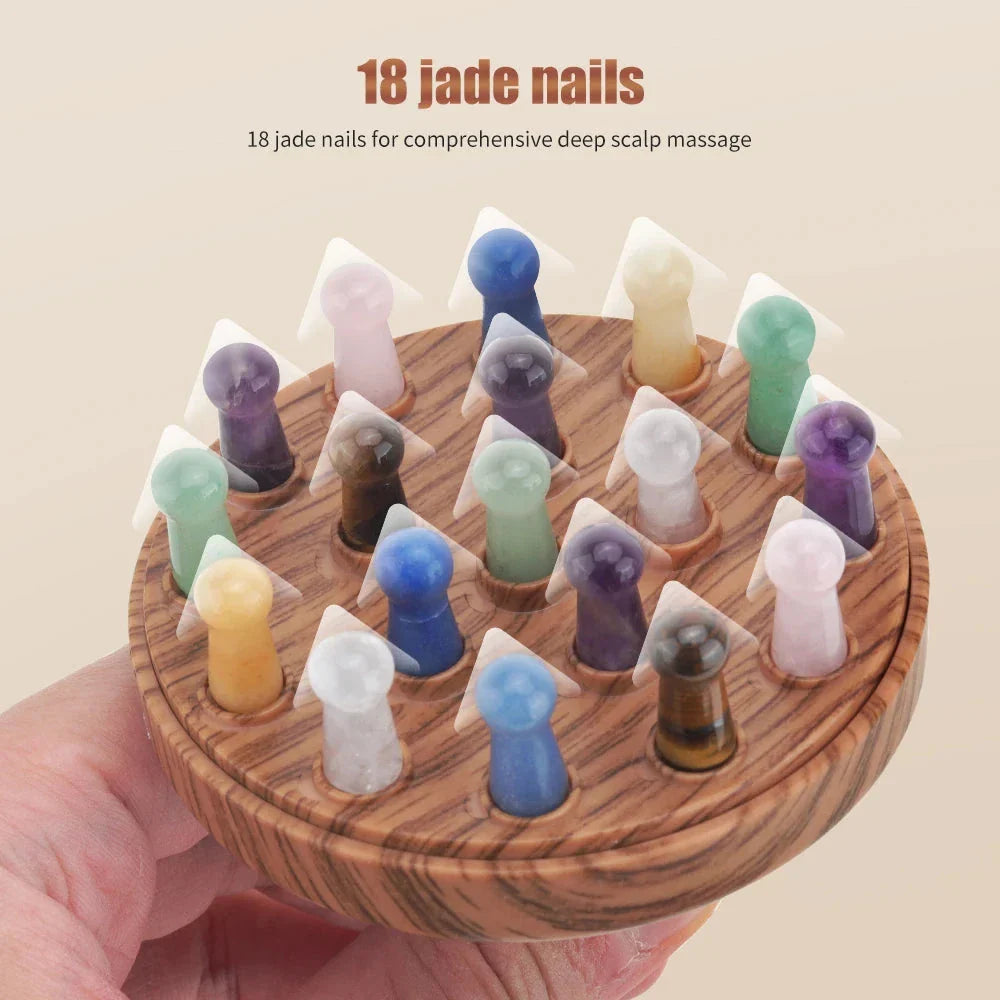 Relaxing Scalp Massage Comb made with Pink Quartz and Green Aventurine stones in a wood grain design