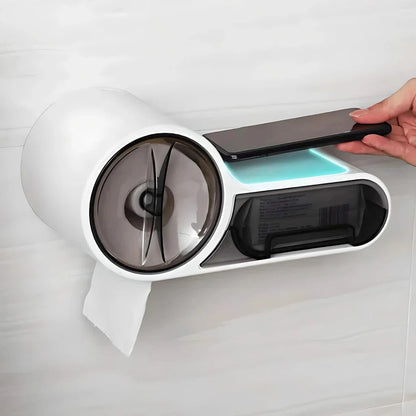 Multifunctional waterproof toilet paper holder with transparent window, detachable roll shaft, and anti-skid storage table for bathroom organization and convenience