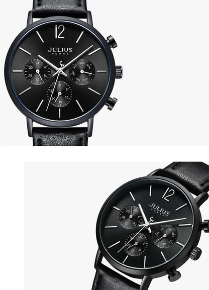 A sophisticated multi-function quartz watch with a sleek design, water-resistant construction, and versatile features.