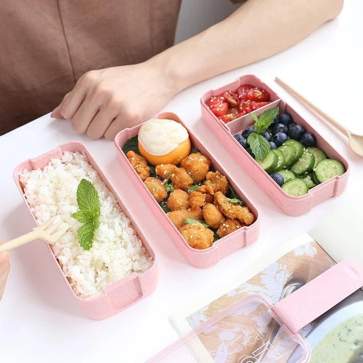 A stylish and practical 3-tier portable lunch box with separate compartments for organizing and transporting meals on the go