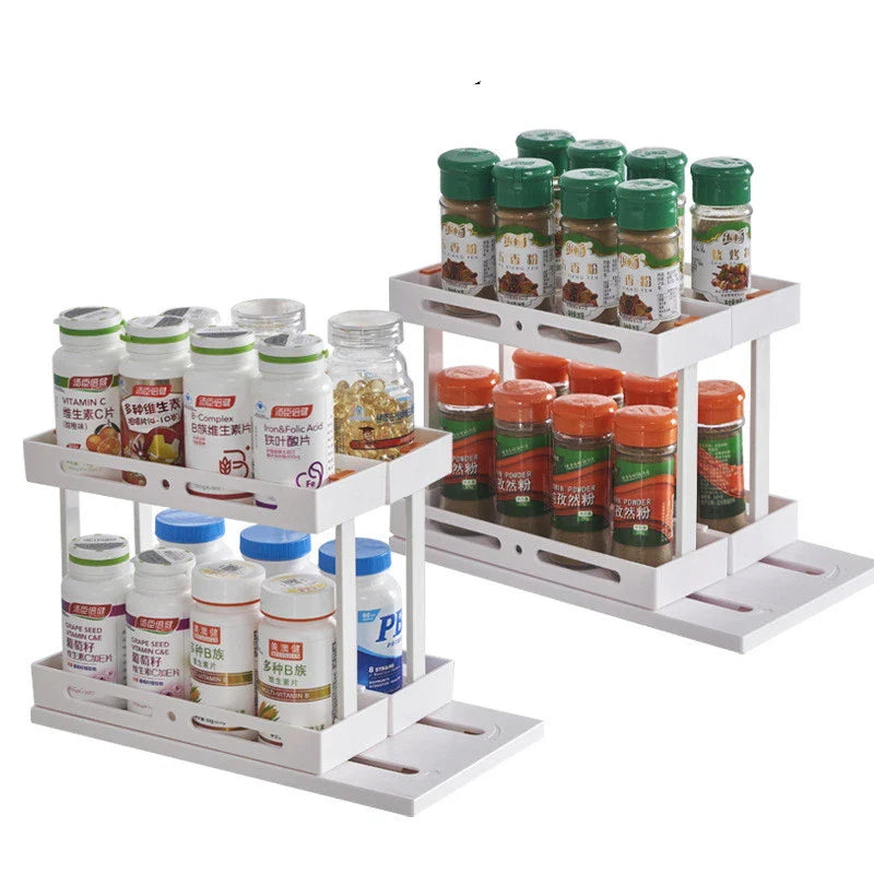 Under-Sink Drawer Spice Rack with Pull-Out Design and Adjustable Shelves for Organized Kitchen Storage