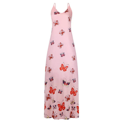 Stylish butterfly print high-waist dress with flowy, swing-style skirt and lightweight, breathable polyester fabric