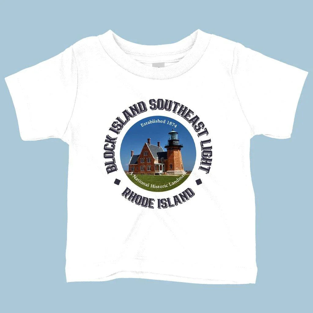Baby wearing a comfortable, soft, and flexible Rhode Island-inspired t-shirt in white color