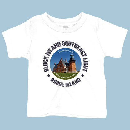 Baby wearing a comfortable, soft, and flexible Rhode Island-inspired t-shirt in white color