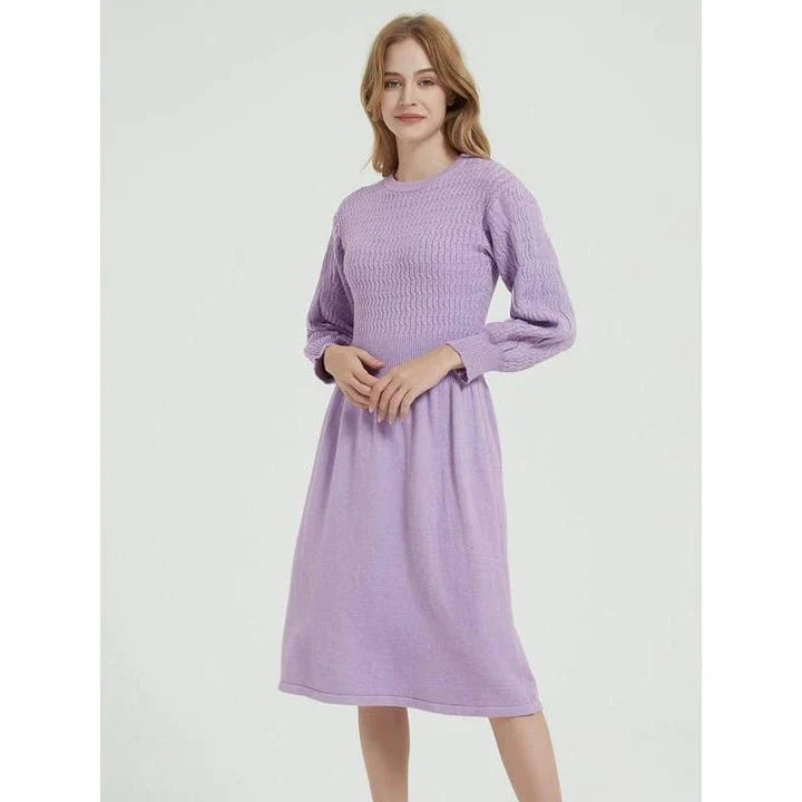 Elegant long sleeve knitted sweater dress in purple red with a classic A-line silhouette and mid-calf length