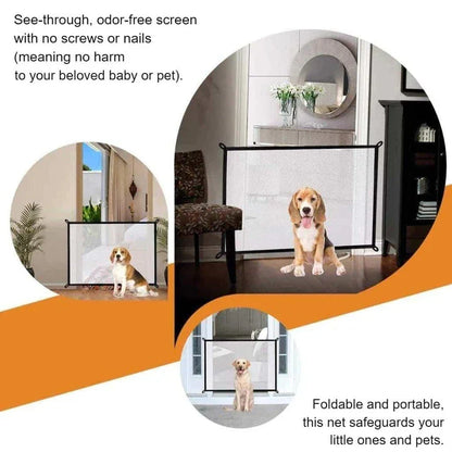 Versatile Portable Safety Net with fiberglass fabric, designed for easy installation and pet containment in doorways, walls, and stairwells