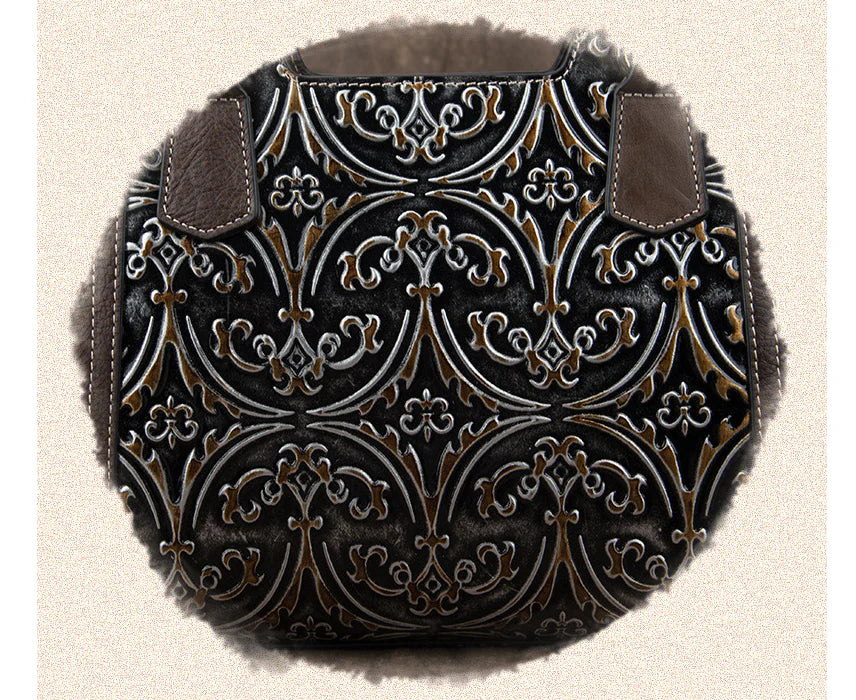 A fashionable large capacity leather shoulder bag for women in a vintage-inspired floral design with multiple interior pockets for organization.
