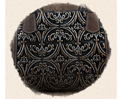 A fashionable large capacity leather shoulder bag for women in a vintage-inspired floral design with multiple interior pockets for organization.