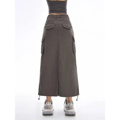 New Cargo Long Skirt - A versatile, mid-calf length skirt with a drawstring waist, pockets, and a flattering A-line silhouette