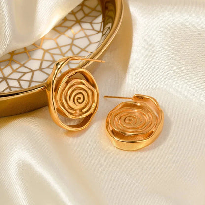 Elegant 18K gold-plated chunky spiral hoop earrings made of premium stainless steel with a tarnish-resistant and waterproof design