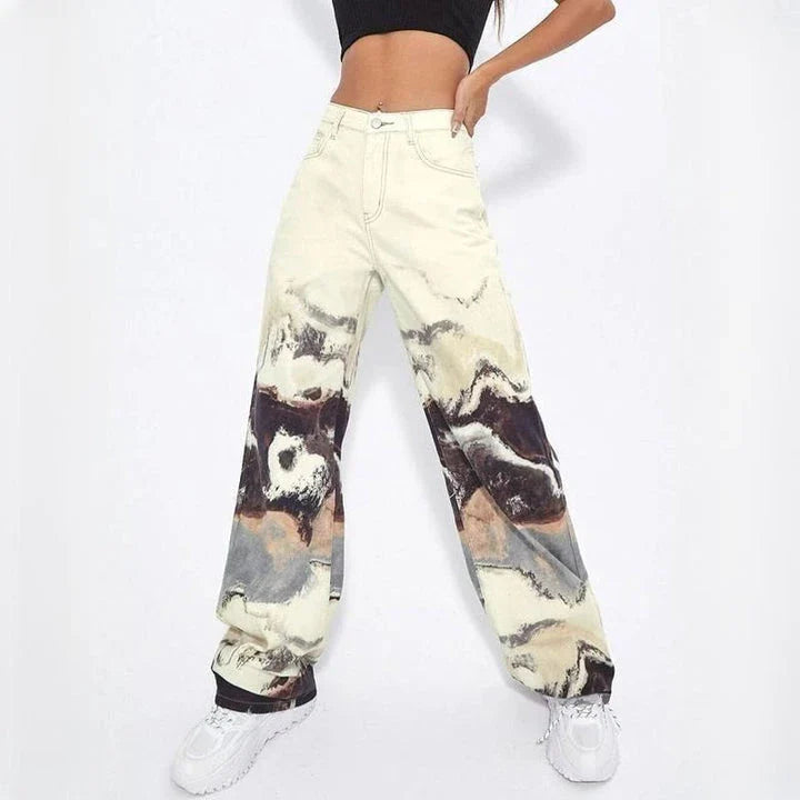 Stylish Korean tie-dye wide-leg high-waist jeans with a unique colorblock design, perfect for casual and office wear