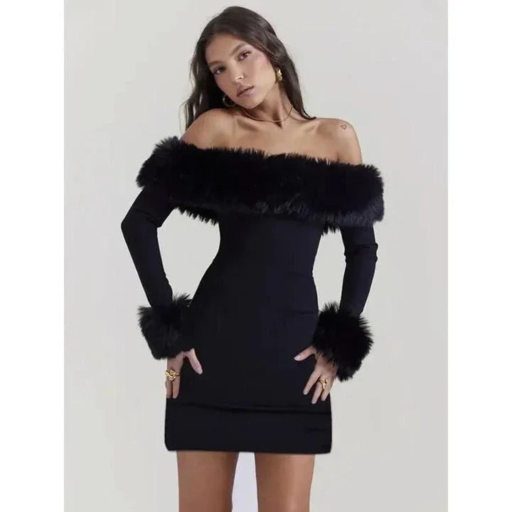 Hhomeenjoy Chic Off-Shoulder Fur-Trimmed Bodycon Mini Dress for Elegant Evenings
