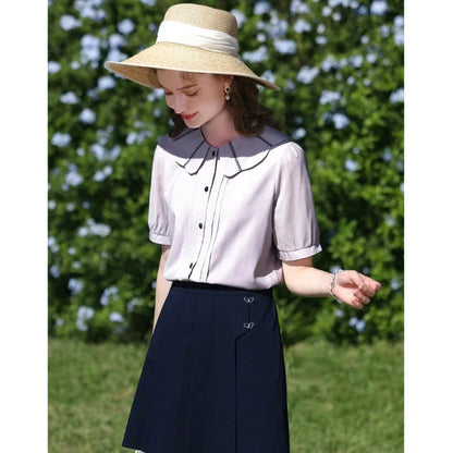Stylish French Puff Sleeve Blouse with Classic Peter Pan Collar - A sophisticated and chic blouse for the modern, fashion-forward woman