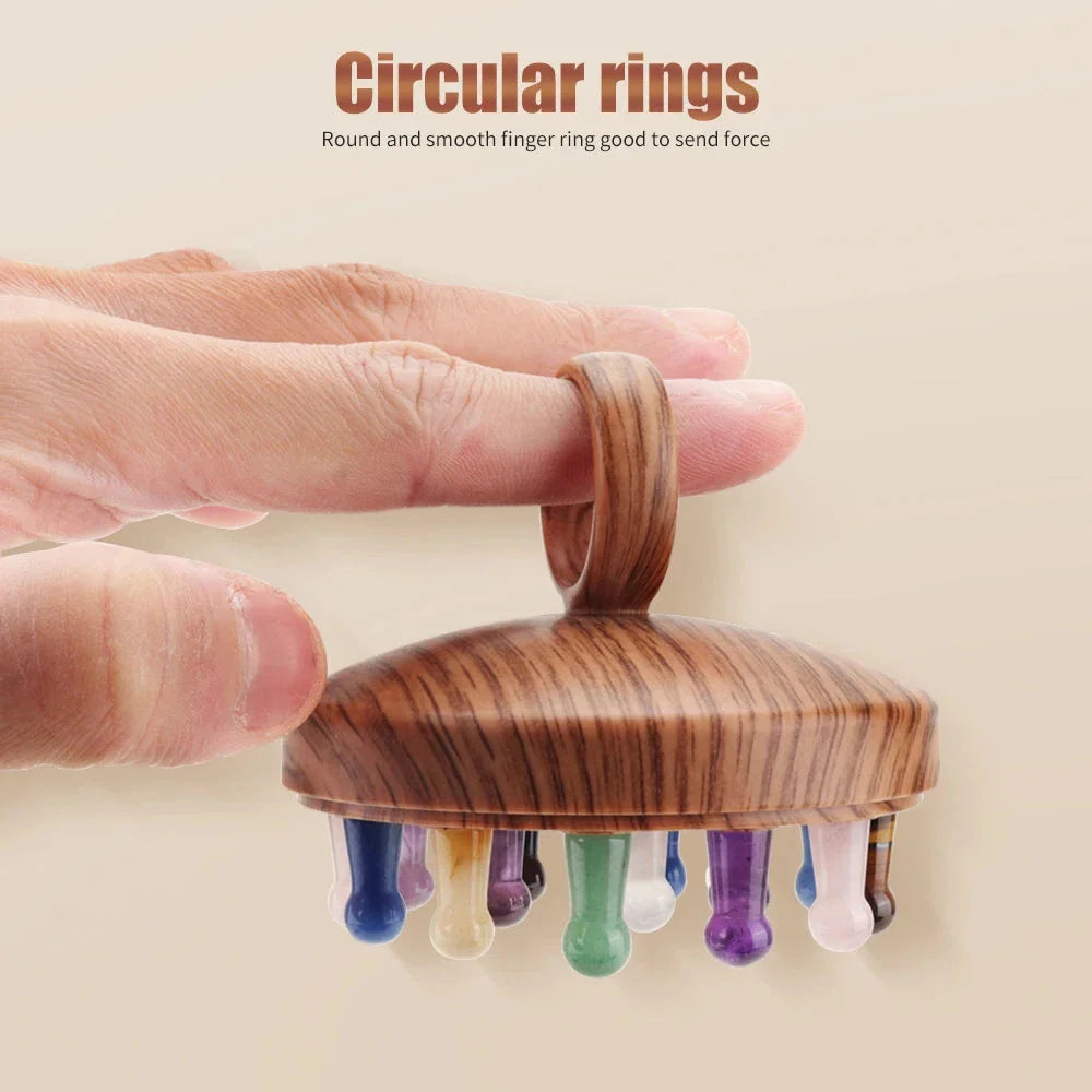 Relaxing Scalp Massage Comb made with Pink Quartz and Green Aventurine stones in a wood grain design