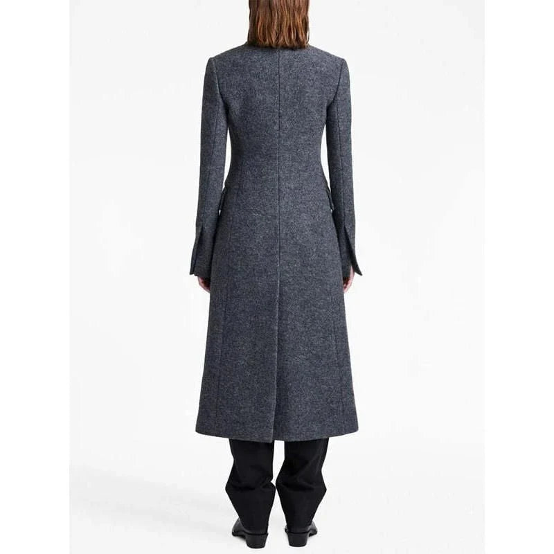 Elegant woolen long coat for women featuring a stylish turn-down collar and single-button closure for a chic, sophisticated look.