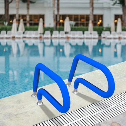 Neoprene pool railing covers in various lengths, providing a secure, non-slip grip for enhanced safety and comfort in residential and commercial swimming pools.